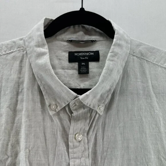 Nordstrom Trim Fit Linen Shirt Men 2XL Short Sleeve Button-Down Pocket Off-White - Picture 10 of 11